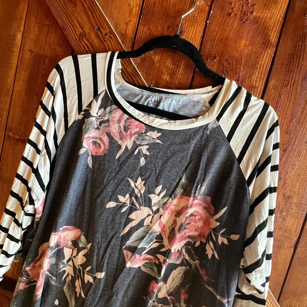 Tickled Teal Floral and Striped Long Sleeve Top - Picture 5 of 6